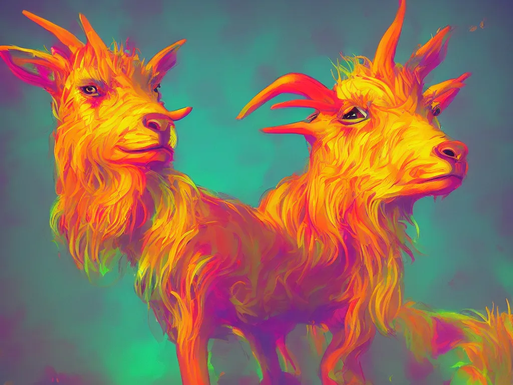Prompt: Golden Goat, bright colors, neon orange, beauty, summer vibes, trending on artstation