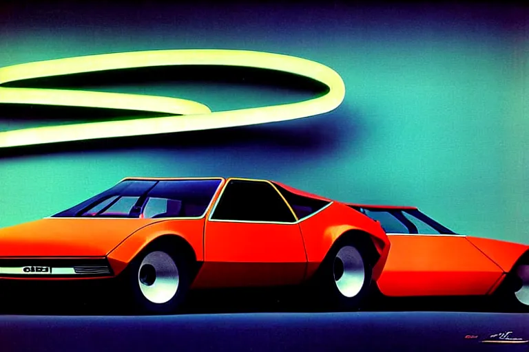 Image similar to designed by giorgetto giugiaro stylized poster of a single 1 9 6 9 amc amx / 3 citroen ds bmw m 1 concept, thick neon lights, ektachrome photograph, volumetric lighting, f 8 aperture, cinematic eastman 5 3 8 4 film