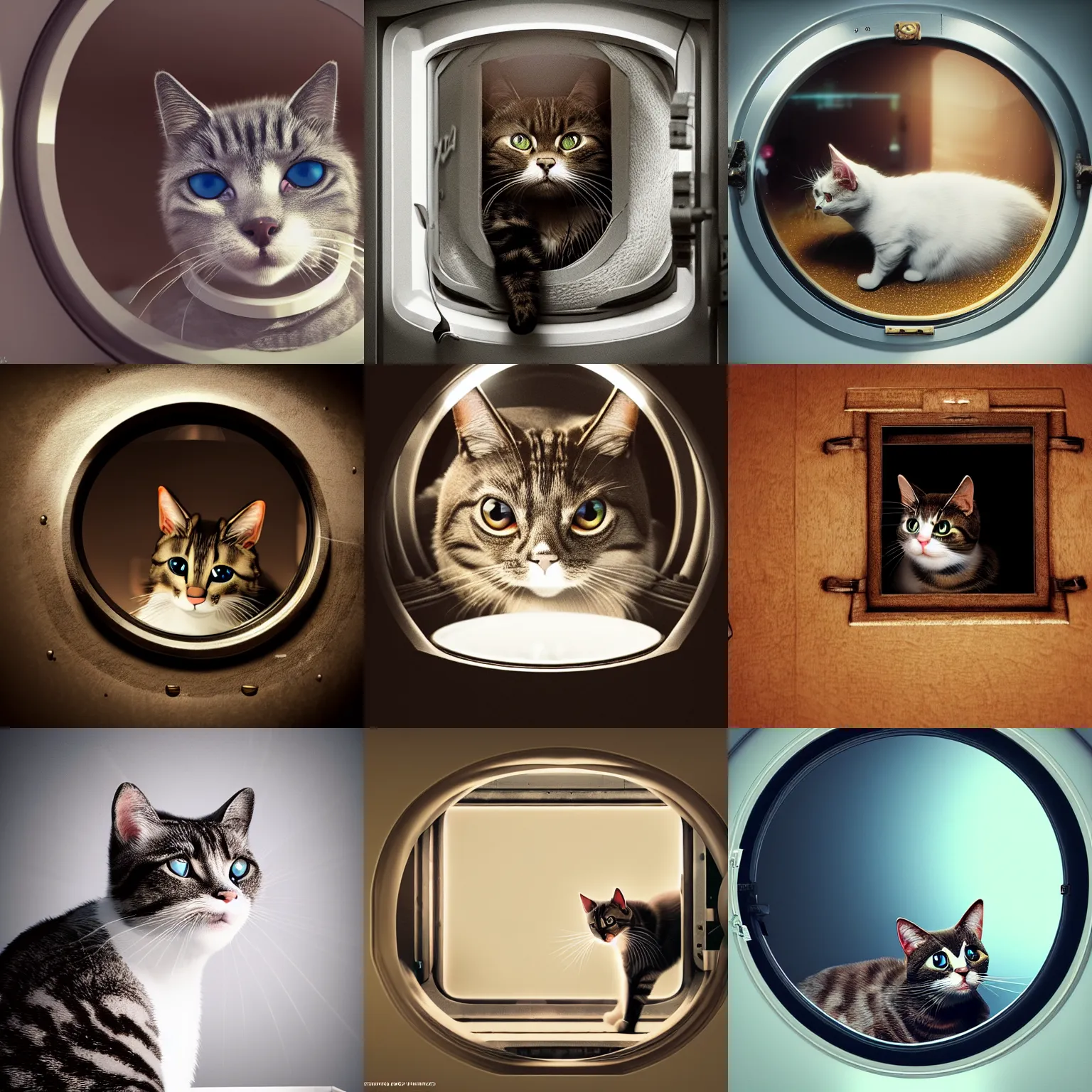 Prompt: schrodinger's cat, inside its box, looking at us from a porthole, waporware, raytracing, dreamy, sharp focus, cinematic lighting, highly detailed, artstation, divine, by gauthier leblanc, kazuya takahashi, huifeng huang