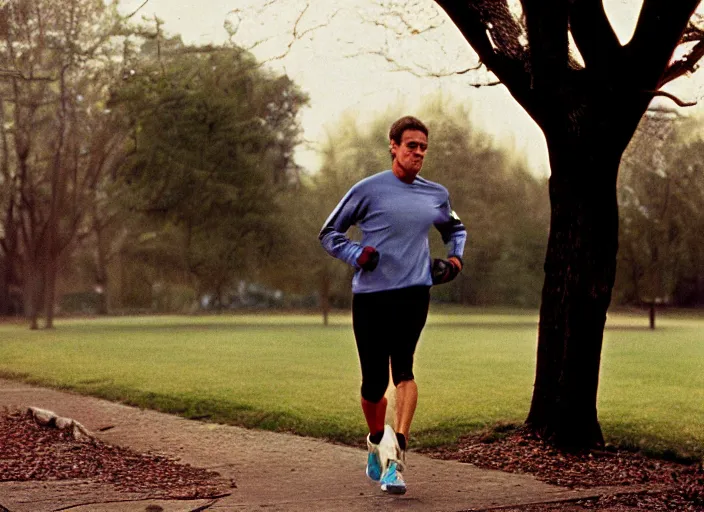 Prompt: color photo. handsome man jogging in the 8 0's. cetral park