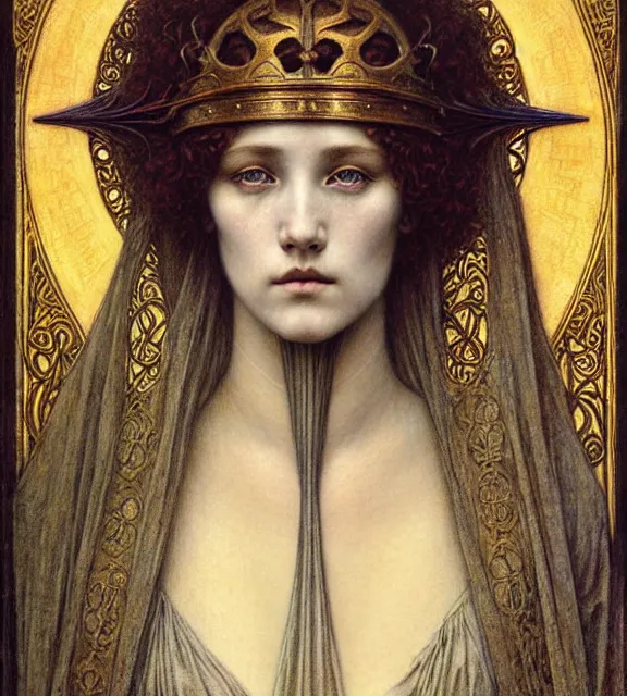 Image similar to detailed realistic beautiful young medieval queen face portrait by jean delville, gustave dore and marco mazzoni, art nouveau, symbolist, visionary, gothic, pre - raphaelite. horizontal symmetry