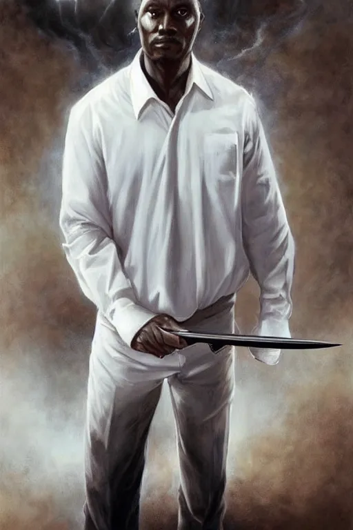 Prompt: a black man wearing a white shirt tucked into slacks. he is wielding a knife with a confident and smug look on his face. in the style of of true detective. art by tomasz alen kopera and glenn fabry.