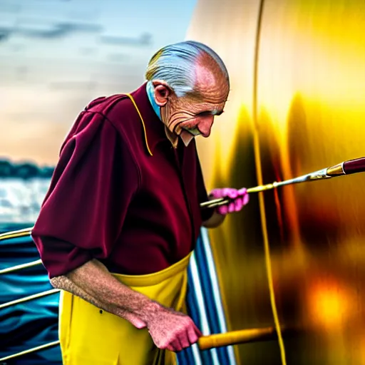 Image similar to wrinkled hunchbacked old man in musty burgundy suit, polishing painting the side of a huge gold plated mega yacht with a cloth, maintenance photo