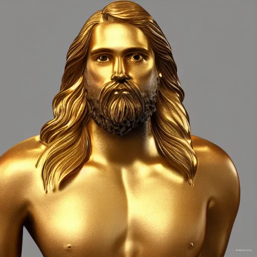 Image similar to a flawless, purely golden man with long hair, with trimmed beard, completely expressionless, casting golden light. entirely golden statue, extremely detailed, full-body statue, award-winning art, trending on Artstation