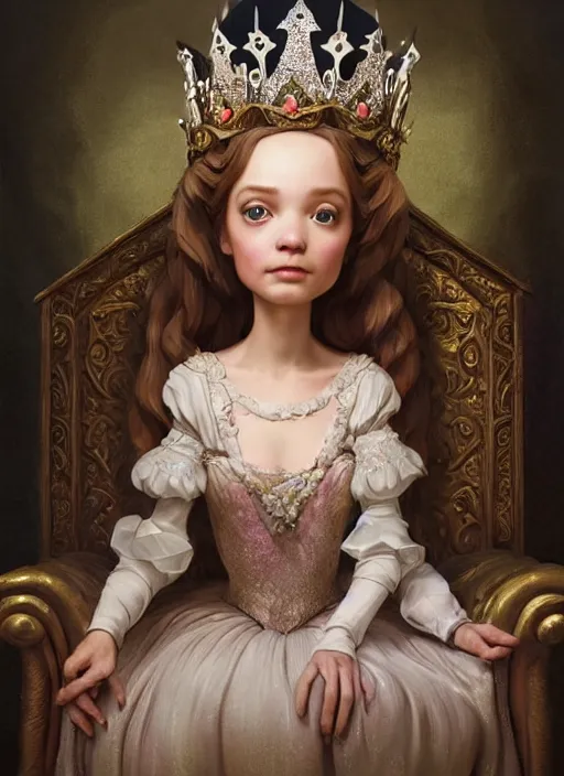 Prompt: highly detailed closeup, low - poly hands, portrait of a fairytale medieval princess wearing a crown and sitting on a throne eating cakes, unreal engine, nicoletta ceccoli, mark ryden, earl norem, lostfish, global illumination, god rays, detailed and intricate environment