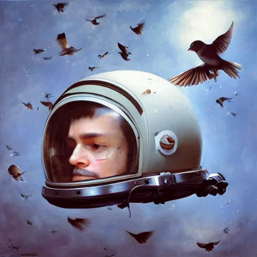 Prompt: a cosmonaut floating with birds coming from its helmet by Jeremy Geddes, dreamy, ethereal, photo realistic, oil painting