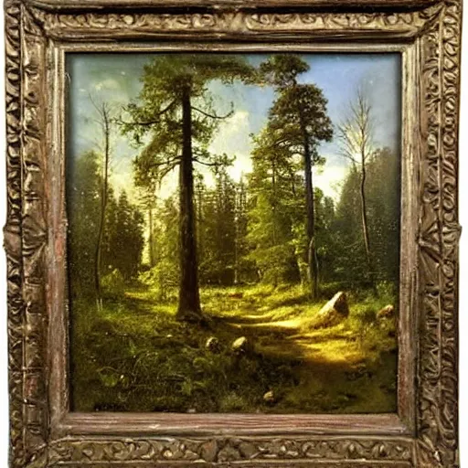 Image similar to small cottage in the forest by ivan shishkin, oil on canvas, highly detailed, whimsical, fantasy