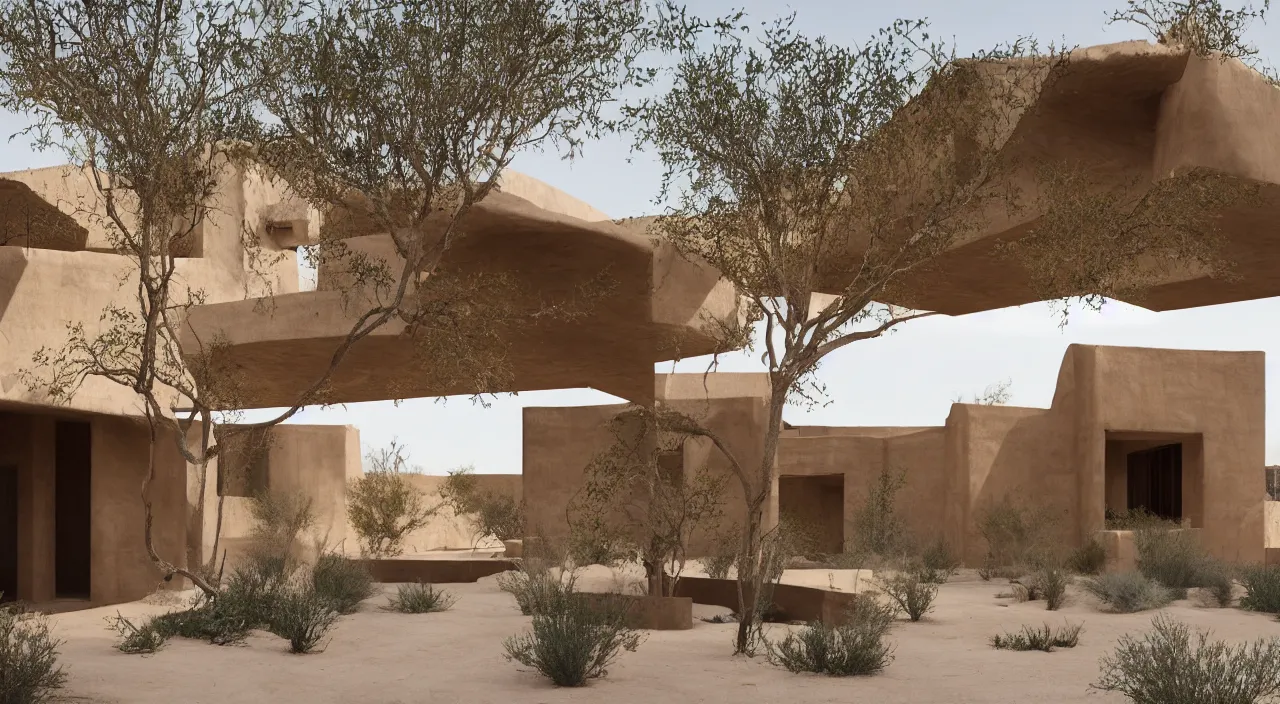 Image similar to desert house made from rammed earth and weathered steel, courtyard with cactus and palo verde trees, photorealistic, detailed, cinematic lighting