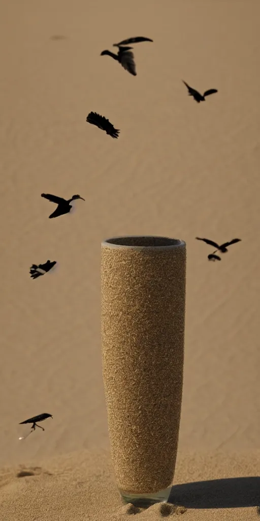 Image similar to Birds flying out of a Vase in the sand desert, 40nm, shallow depth of field, split lighting, 4k,