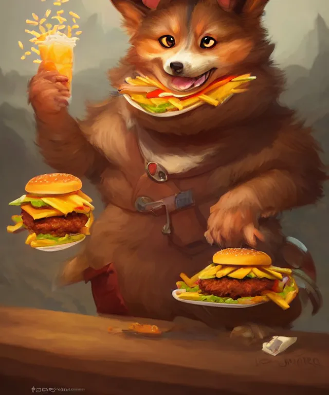 Prompt: a portrait of an anthropomorphic corgi cat eating hamburgers and fries, restaurant in background, cute and adorable, dnd character art portrait, well rendered matte fantasy painting, deviantart artstation, by jason felix by steve argyle by tyler jacobson by peter mohrbacher, cinematic lighting