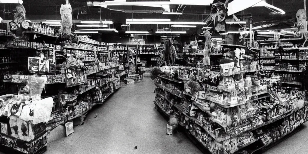 Prompt: studio happy creepy mud people inside a supermarket by bob bottin and cronenberg, horror grotesque, realistic detailed photography, filth and grim, colorized 1 9 9 0's