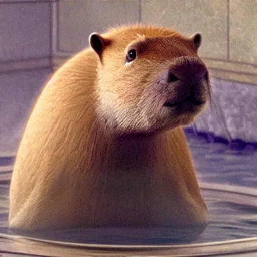 Image similar to a capybara sitting in a steaming bathtub in the animated movie spirited away by hayao miyazaki!!!!, studio ghibli, animated movie, anime, beautiful