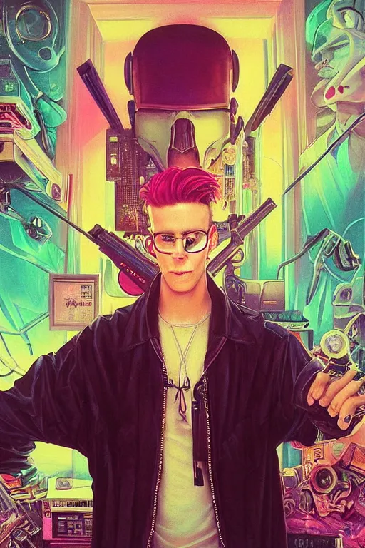 Image similar to portrait of a synthwave goth nerd guy in a cluttered 9 0 s bedroom, by artgerm, tom bagshaw, gerald brom, vaporwave!, vaporwave colors!, lo fi colors, lo fi, 4 k, hd, goth vibe, 9 0 s vibe