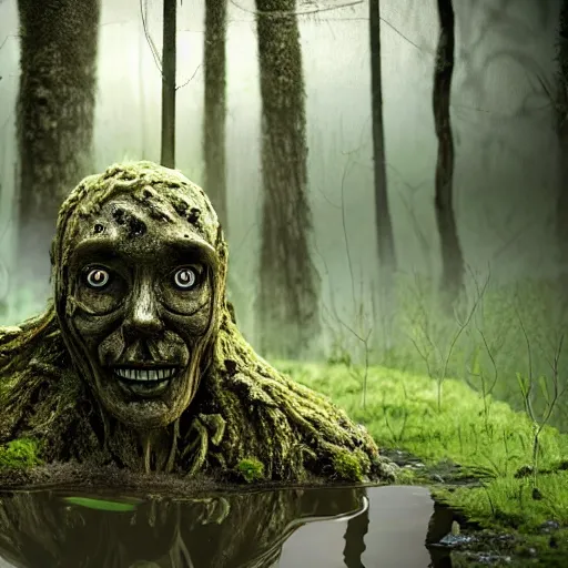 Image similar to Enigmatic Slender Man with Mud and Moss over his skin and plants growing on him is kneeling in a dirty pond, Photorealistic, Sunlight, Creepy, Nature, Hyperrealism, Hyperdetailed