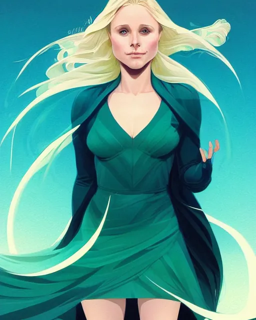 Image similar to style artgerm, joshua middleton, beautiful kristen bell with green dress, very long blue hair, symmetrical face, symmetrical eyes, water powers water swirling, detailed, beach setting, cinematic lighting