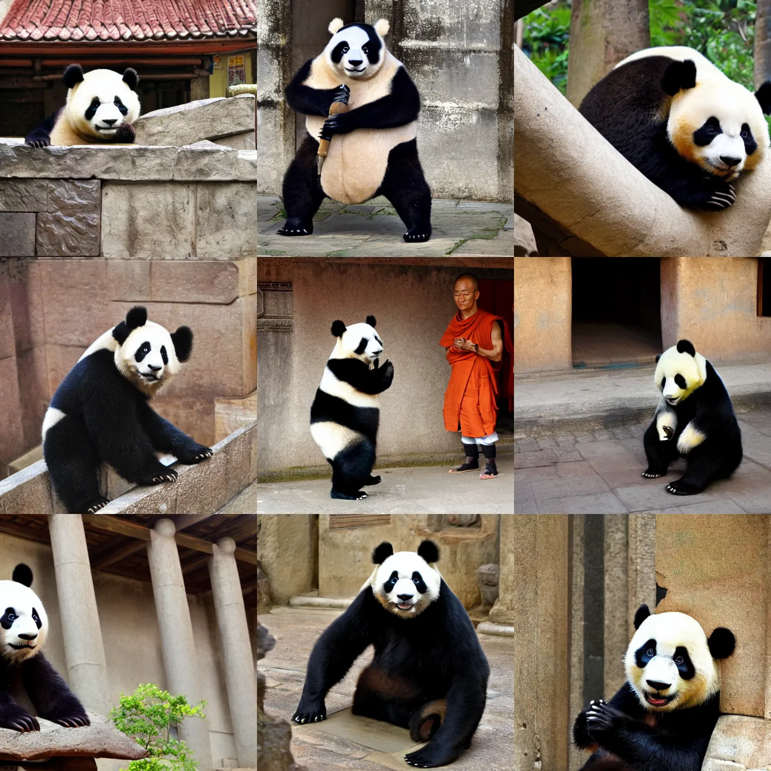 Prompt: a anthropomorphic panda monk in temple