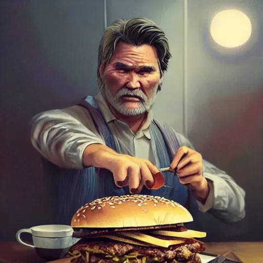 Prompt: artwork costume design: Kurt Russell eating a massive hamburger, voluptuous sesame seed bun, extra ketchup and pickles and onions . By Greg Rutkowski, Ilya Kuvshinov, WLOP, Stanley Artgerm Lau, Ruan Jia and Fenghua Zhong, trending on ArtStation, made in Maya and Photoshop, octane render, excellent composition, cinematic atmosphere, dynamic dramatic cinematic lighting, aesthetic, very inspirational, arthouse