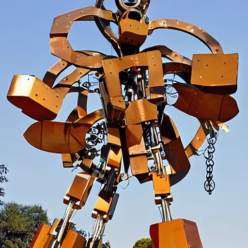 Prompt: a giant mechanical kinetic sculpture made of painted wood blocks, brass sheet, steel wire, acrylic, marbles, electric motors, chain and sprockets. mecha. by arthur ganson, by alexander calder, by claes oldenburg. outdoor photograph.