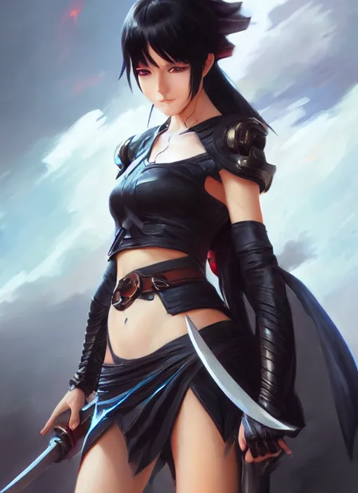 Image similar to Portrait of Anime girl with black hair, she is carrying a burning sword, wearing metal armor around her chest and waist, realistic, detailed, 4k by Greg Rutkowski Mark Arian trending on artstation