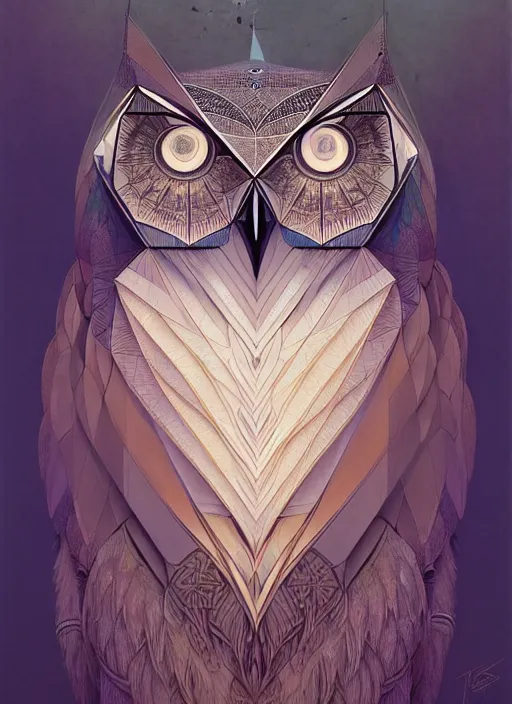 Image similar to portrait of a geometric owl, identical eyes, medium shot, illustration, full body made of white feathers, symmetrical, art stand, super detailed, cinematic lighting, and its detailed and intricate, gorgeous, by peter mohrbacher