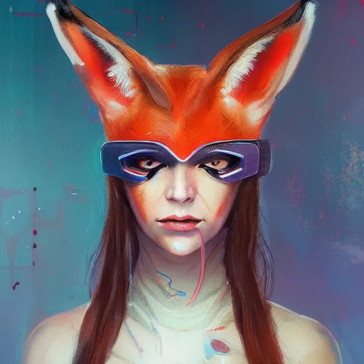 Image similar to midjourney :: a painting of a woman with a fox on her head, cyberpunk art by Sam Spratt, featured on Artstation, furry art, darksynth, artstation hd, 2d game art