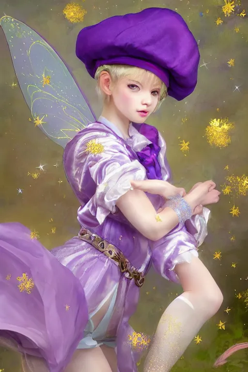 Image similar to Full View fairy maiden with short blond hair wearing an oversized purple Beret, Baggy Purple overall shorts, Short Puffy pants made of silk, silk shoes, a big billowy scarf, Golden Ribbon, and white leggings Covered in stars. covered in embroidery. Short Hair. peasant magic. Rhythmic gymnastics poses. masterpiece 4k digital illustration by Ruan Jia and Mandy Jurgens and Artgerm and william-adolphe bouguereau and greg rutkowski , award winning, Artstation, art nouveau aesthetic, Alphonse Mucha background, intricate details, realistic, panoramic view, Hyperdetailed, 8k resolution, intricate art nouveau