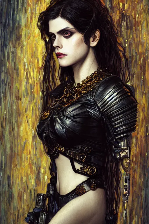 Image similar to portrait of beautiful gothic Alexandra Daddario, cyberpunk, Warhammer, highly detailed, artstation, illustration, art by Gustav Klimt