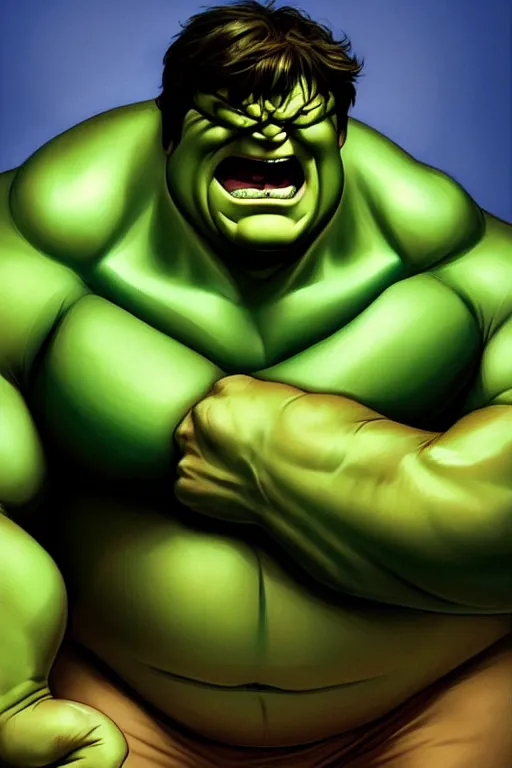 Image similar to Peter Griffin as Hulk, Hulk costume, Peter Griffin hairstyle, Hulk body type, Peter Griffin Face, calm, grumpy, portrait, masculine figure, highly detailed, digital painting, artstation, concept art, smooth, sharp focus, illustration, cinematic lighting, art by artgerm and greg rutkowski and alphonse mucha