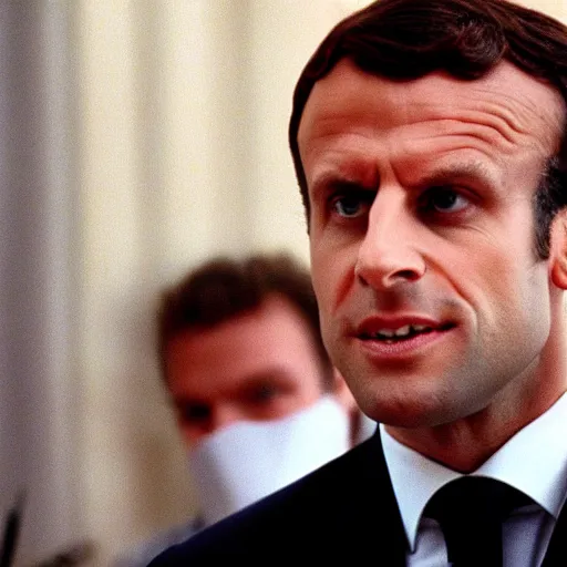 Image similar to Emmanuel Macron wearing snickers in American Psycho (1999)