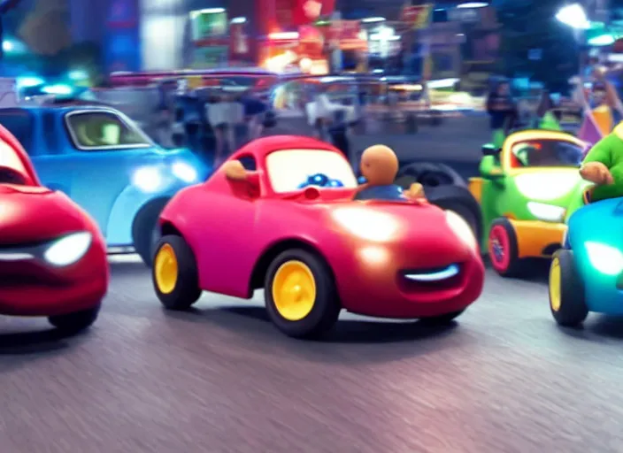 Image similar to peter dinklage racing vin diesel driving a little tikes cozy coupe cars at night tokyo, movie still, from the new fast and furious movie, 8 k, realistic