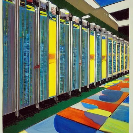 Image similar to a painting by Wayne Thiebaud inside of a high end data center that's on fire!!!!!!! by Wayne Thiebaud