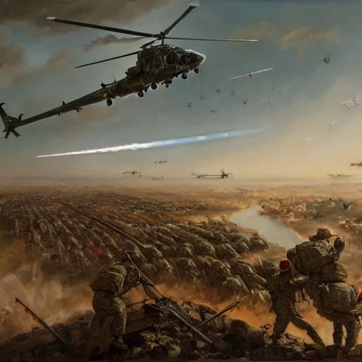 Image similar to a painting of soldiers taking down a helicopter using a rocket launcher in the gulf war by Bernardo Bellotto, high detail, hyperrealistic, concept art, artstation, 8k