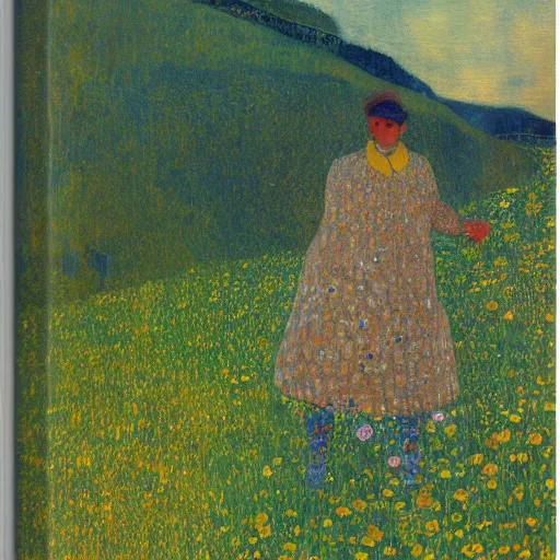 Image similar to A shepherder on top of a hill, by Gustav Klimt