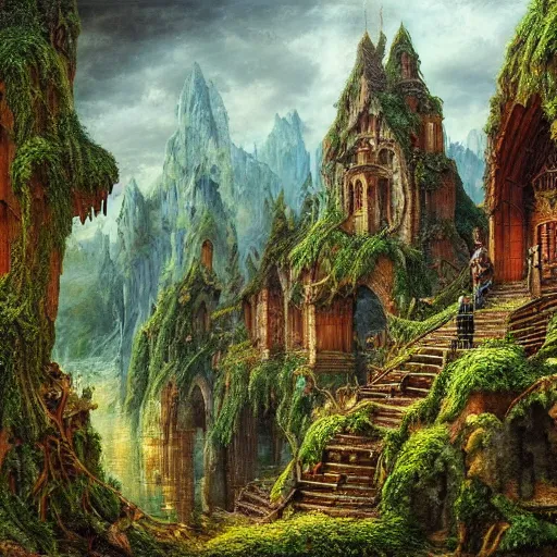 Image similar to a beautiful and highly detailed oil painting of an elven kingdom deep in the lush mountains, tangled wooden structures, stone brick structures, ancient runes, intricate details, epic scale, insanely complex, 8 k, sharp focus, hyper realism, fantasy landscape, psychedelic, by caspar friedrich and brian froud,