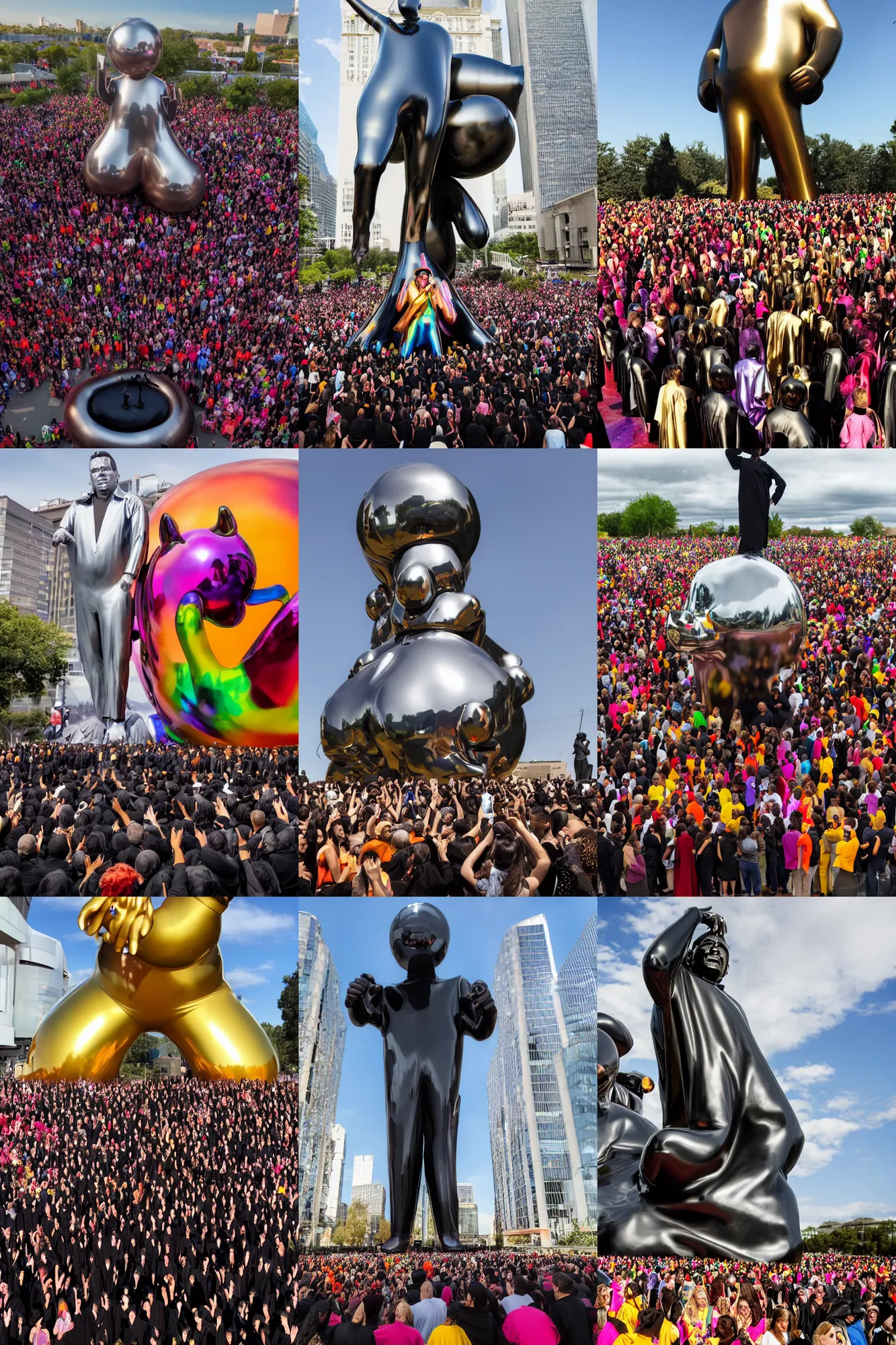 Prompt: a huge crowd of people in black cult robes gathered in front of a giant massive shiny metallic Jeff koons statue of a giant huge massive tall man in colorful cult robes, in a western landscape