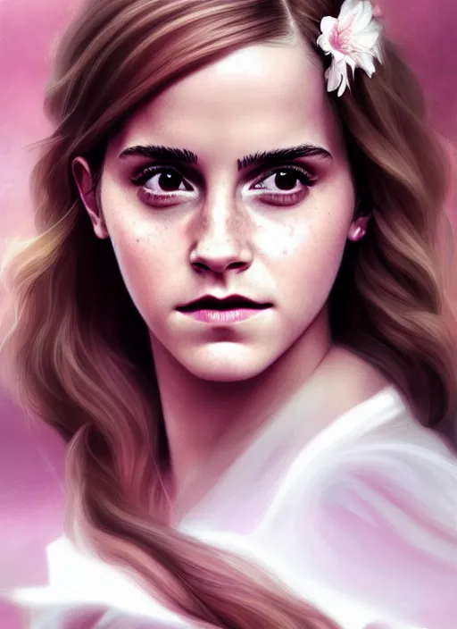 Prompt: emma watson as magic healer, long hair, white and pink cloth, shiny background, intricate, elegant, highly detailed, digital painting, artstation, concept art, smooth, sharp focus, illustration, artgerm, bouguereau