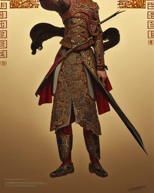 Image similar to suit up man and chinese ancient warrior back to back, decorated with opera motifs, intricate, elegant, highly detailed, smooth, sharp focus, illustration, art by artgerm and greg rutkowski and alphonse mucha, 8 k