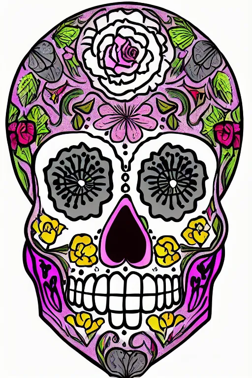 Image similar to illustration of a sugar skull day of the dead girl, art by meow wolf