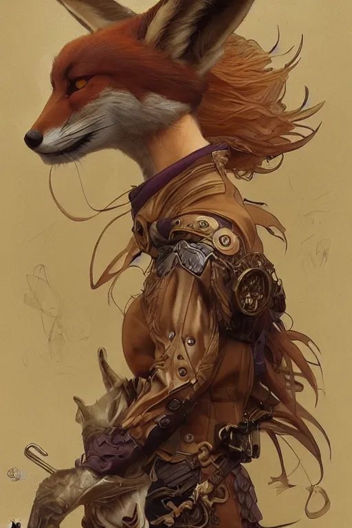 Image similar to heroic character design of anthropomorphic fox, whimsical fox with 6 tails, portrait, western, steampunk, duster, fantasy, intricate, elegant, highly detailed, digital painting, artstation, concept art, sharp focus, illustration, art by artgerm and greg rutkowski and alphonse mucha