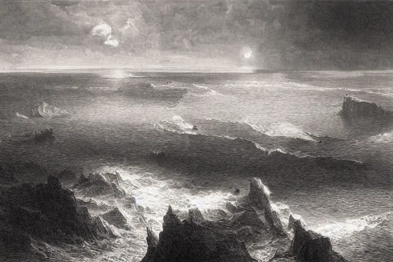 Image similar to aerial view, the crossing of the red sea, Gustave Dore lithography