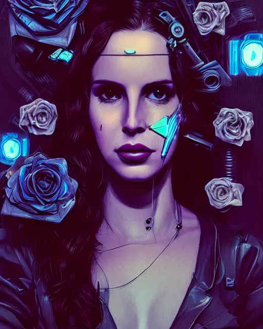 Image similar to portrait of lana del rey as a cyberpunk cyborg. intricate abstract. intricate artwork, tear drops, roses, by tooth wu, wlop, beeple, dan mumford. concept art, octane render, trending on artstation, greg rutkowski, asymmetrical, cinematic arthouse, key art, hyper realism, iridescent accents