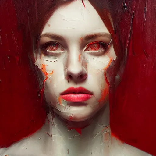 Image similar to a portrait of an intensely lit disoriented female, shattered, red, oil painting, pale colors, high detail, 8 k, wide angle, trending on artstation,