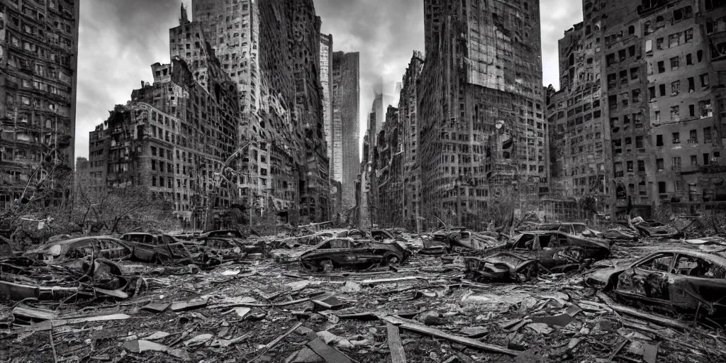 Image similar to An abandoned, post-apocalyptic New York City, buildings in ruins. HD worth1000.com photography, award winning photos from the apocalypse, historical archive, National Geographic. Favorites on Deviantart, Trending on Artstation