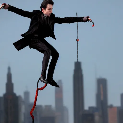 Image similar to hd photograph of a vampire walking on balance rope, stunt show