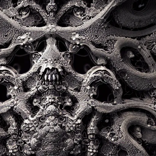 Image similar to Macro photography of fractal dragon scale, fantasy skull, intricate ornate details, mandelbrot, octane render, 8k, high quality, volumetric lighting, smooth surface render