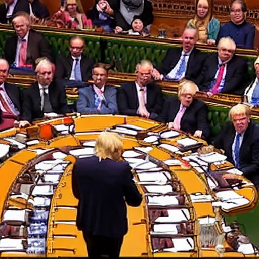 Prompt: British members of Parliament gathered around Boris Johnson arguing ferociously about cake.