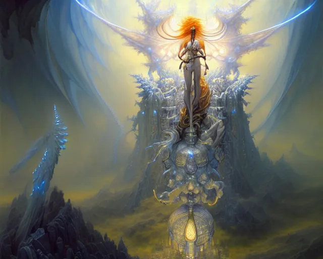 Prompt: the stronghold of white light and angels, fantasy character portrait made of fractals facing each other, ultra realistic, wide angle, intricate details, the fifth element artifacts, highly detailed by peter mohrbacher, hajime sorayama, wayne barlowe, boris vallejo, aaron horkey, gaston bussiere, craig mullins