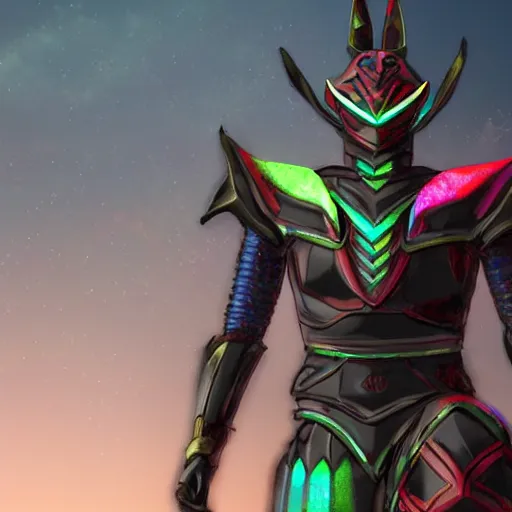 Prompt: High Fantasy Kamen Rider, blue armor with red secondary color, 4k, glowing eyes, daytime, rubber suit, dragon inspired armor, Guyver Unit 1 Armor