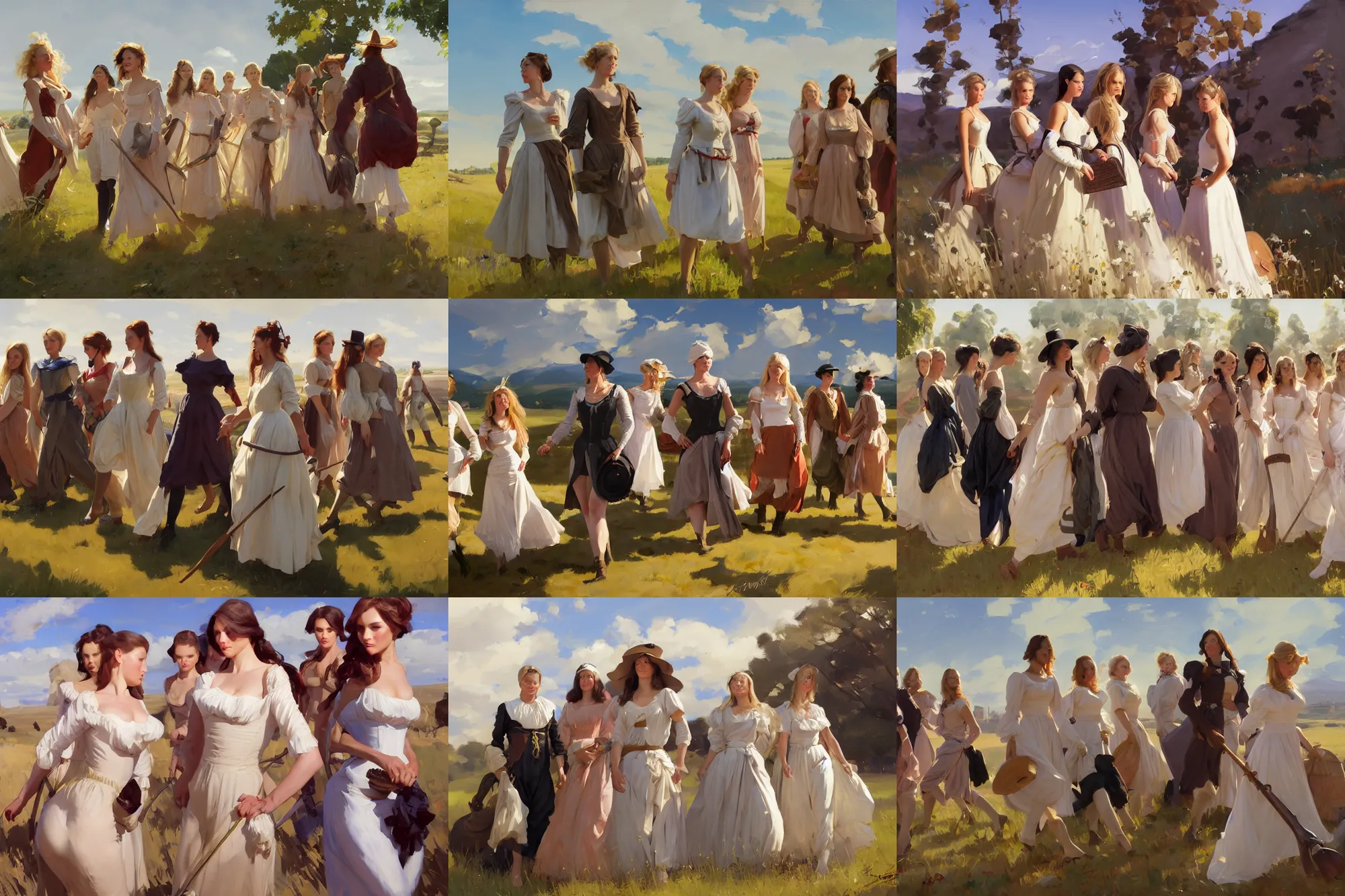 Image similar to group of beautiful finnish norwegian swedish scandinavian attractive glamour models wearing 1 7 th century mantua with low neckline walking in the field in a sunny day, jodhpurs greg manchess painting by sargent and leyendecker, studio ghibli fantasy close - up shot asymmetrical intricate elegant matte painting illustration hearthstone, by greg rutkowski by greg tocchini by james gilleard