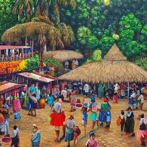 Image similar to enchanted painting of a bustling marketplace in a mayan city in the jungles of honduras, realistic, panoramic, 4 k